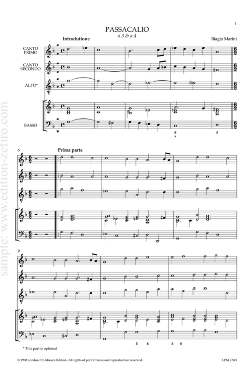 Biagio Marini - Passacalio for 3 or 4 instruments plus continuo