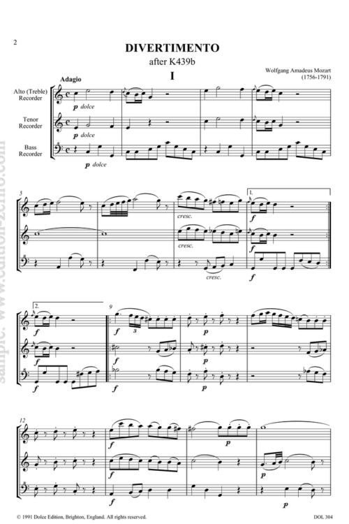 One of Mozart's trios for basset horns reworked for three recorders (alto, tenor and bass)