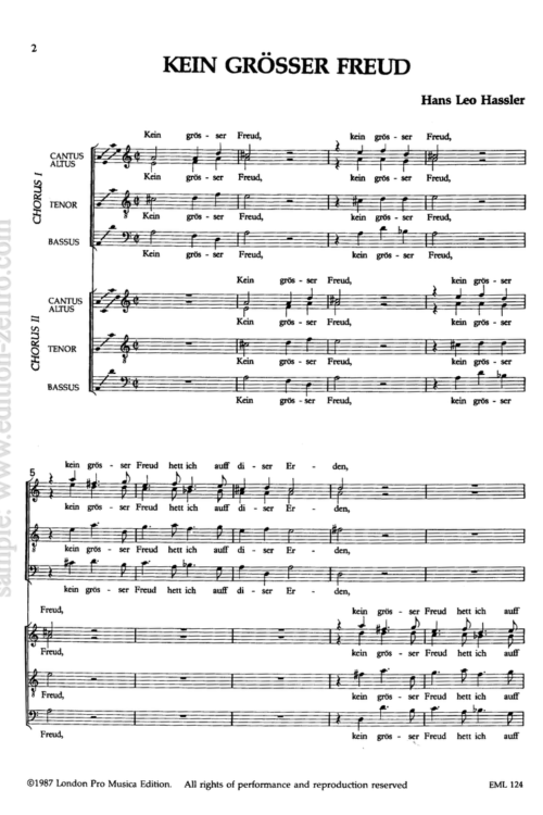 Kein grösser Freud (for 8 voices or instruments) : Hans Leo Hassler