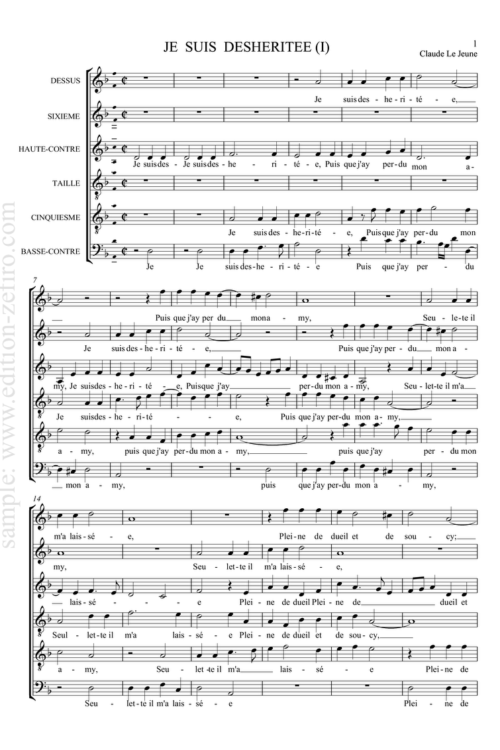 Je suis desheritée (2 settings) score + parts : Claude Le Jeune
