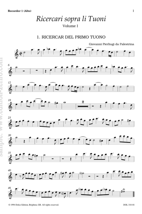 Palestrina: Ricercari sopra li Tuoni, volume 1 (set of parts)