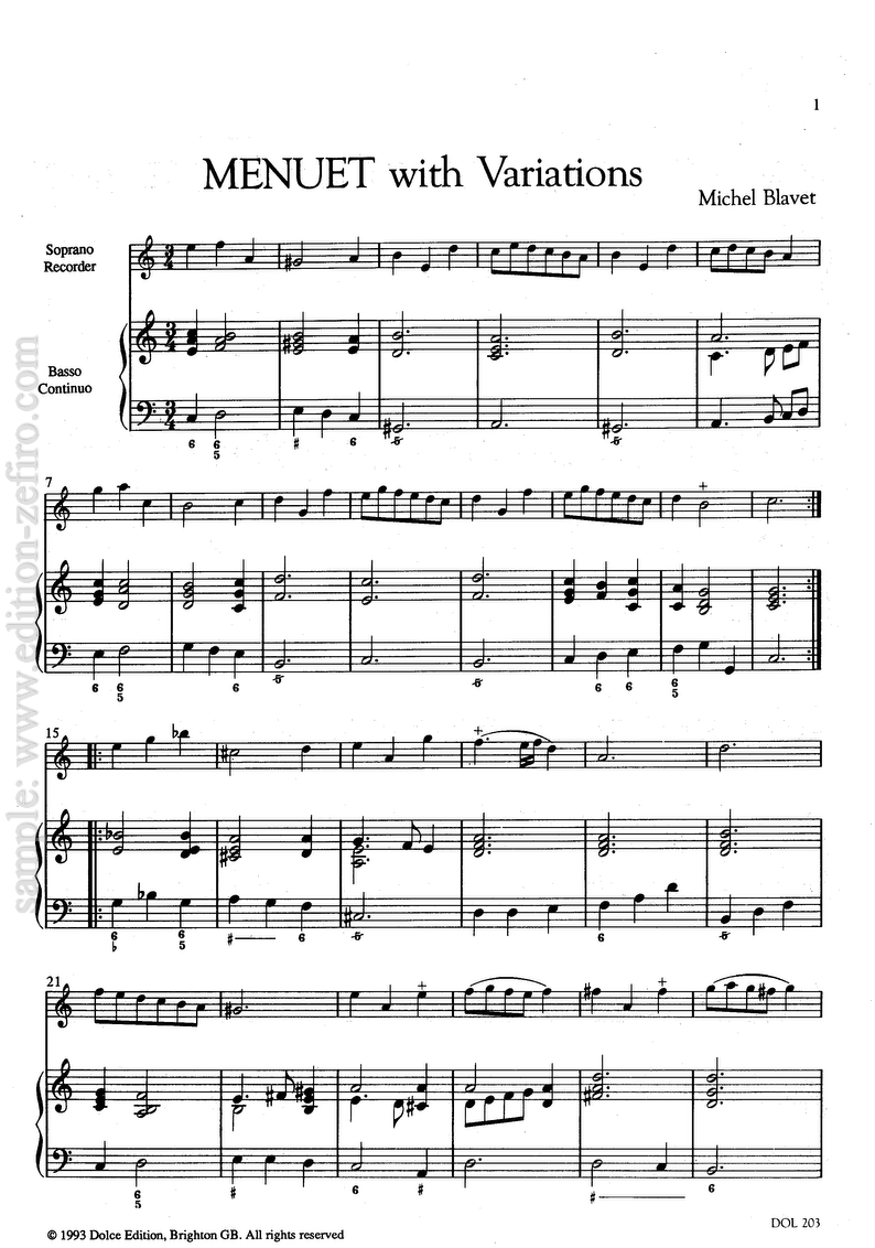 Blavet: Menuet with Variations (recorder solo)